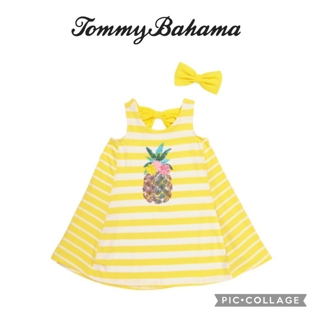 TOMMY BAHAMA Girls 3D sequins pineapple striped Dress With Hair Clip size M